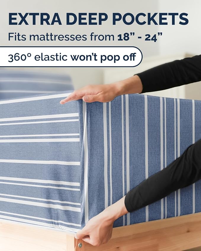 Extra Deep Twin XL Sheet Set - 4 Piece College Dorm Bed Sheets Set with Extra Deep Pockets - Ultra-Soft, Comfy & Breathable Bedding for Women, Men, Kids & Teens - Wrinkle & Fade Free - Blue Stripes 3