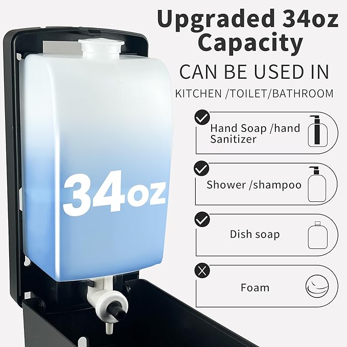 Commercial Soap Dispenser 33.8oz Wall Mount Hand Soap Dispenser for Kitchen & Bathroom with Visible Window & Funnel No-Drip Pump for Liquid Soap Shampoo Sanitizer-Drill or Adhesive Mount