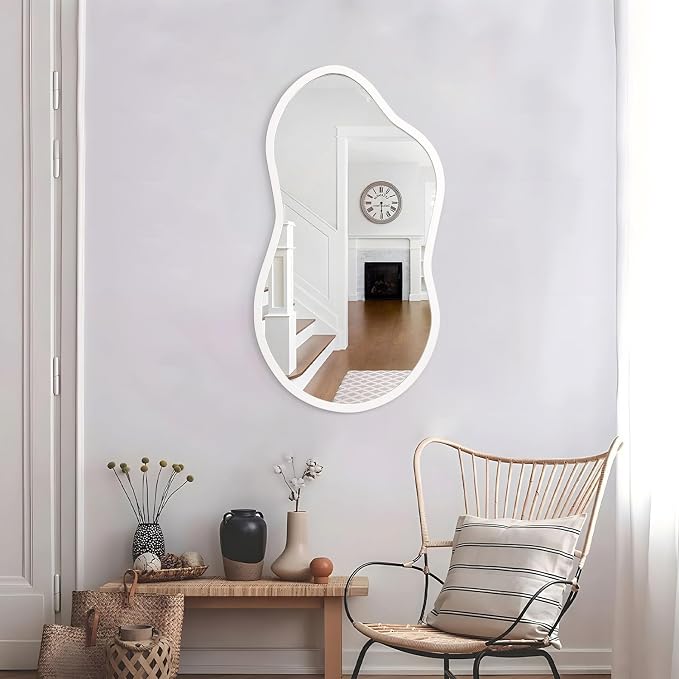 AAZZKANG Irregular Wall Mirror Wooden Large 22"x12" Decorative Hanging Mirrors Asymmetrical for Bedroom Dressing Room Living Room Bathroom Entryway White