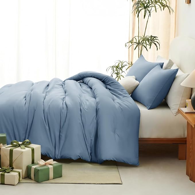 CozyLux Twin Comforter Set College Dorm Essentials, 2 Pieces Grayish Blue Twin Extra Long Solid Bedding Set, Dusty Blue Bed Set with Down Alternative Comforter and 1 Pillowcase, Back to School Gift