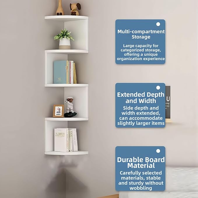 No-Drill Corner Shelf Wall Mount, 5-Tier Floating Corner Bookshelf with Hooks, Space-Saving Zigzag Plant Shelf for Bedroom, Living Room, Bathroom, Home Office