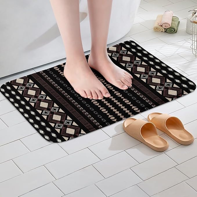 Feelyou Boho Aztec Bath Rugs 16"x24" Western Bohemian Striped Bathroom Rugs Brown Black Bath Mats for Bathroom Women Girls Soft Non Slip West Cowboy Traditional Theme Bathroom Accessoriess
