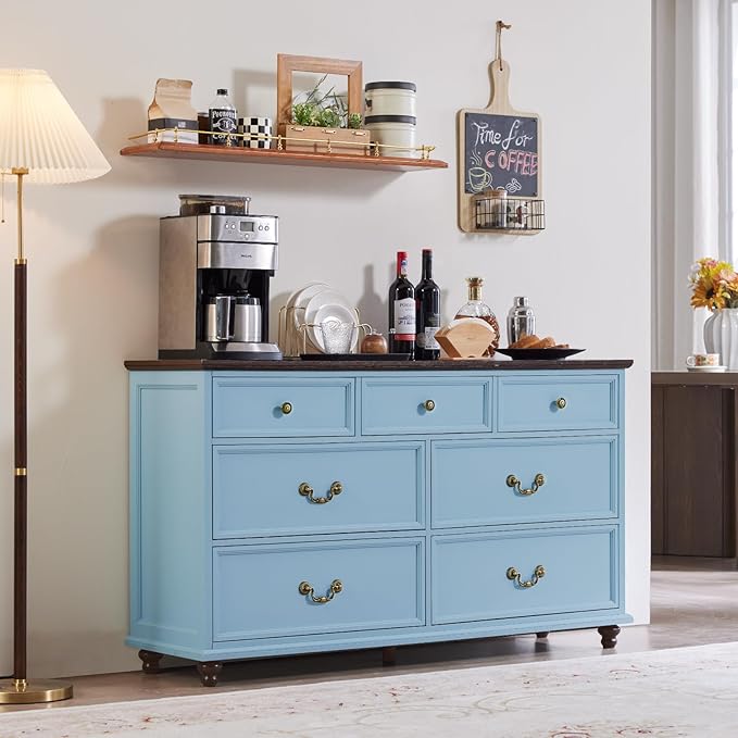 Farmhouse 7 Drawers Dresser Sets of 2 for Bedroom, Light Blue 54 Inch Wide Chest of Drawers w/ 4 Wooden Legs, Large Vintage Rustic Closet Dressers for Living Room, Wood TV Stand