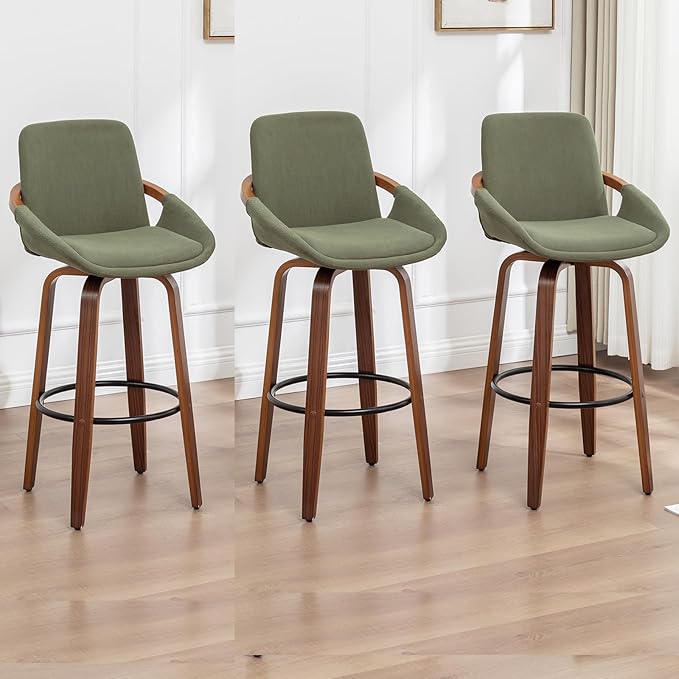 LUNLING 25.6" Counter Height Bar Stools Mid Century Modern Retro Bar Chairs Green Modern Corduroy Fabric Upholstered Barstools and Walnut Wood Frame for Home Bar Furniture,Green,1PCS