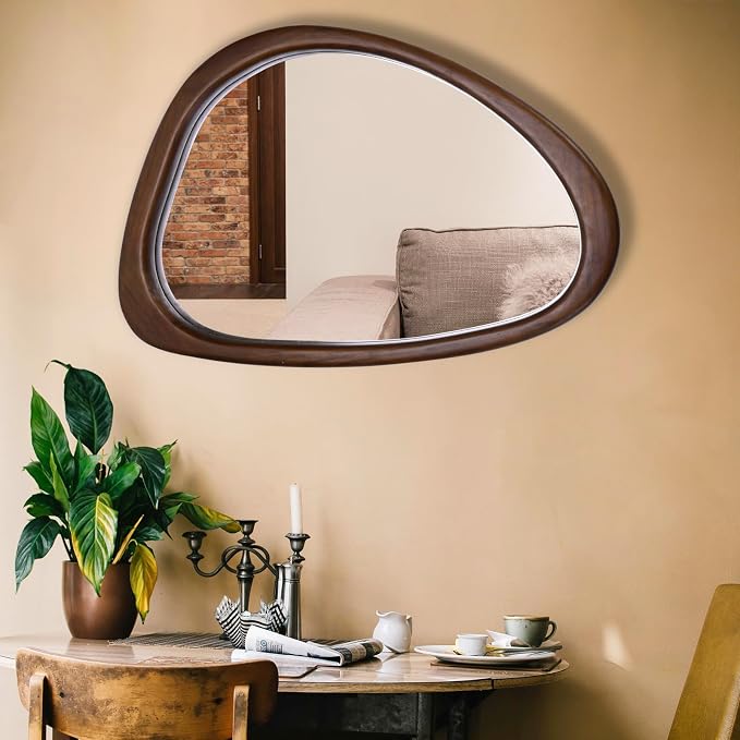 Irregular Wall Mirror, 20 x 30in Wooden Frame Asymmetrical Mirror, Large Home Decor Wall Mirrors, Hanging Vertically and Horizontally, for Bathroom, Living Room, Entryway (Walnut Colour)
