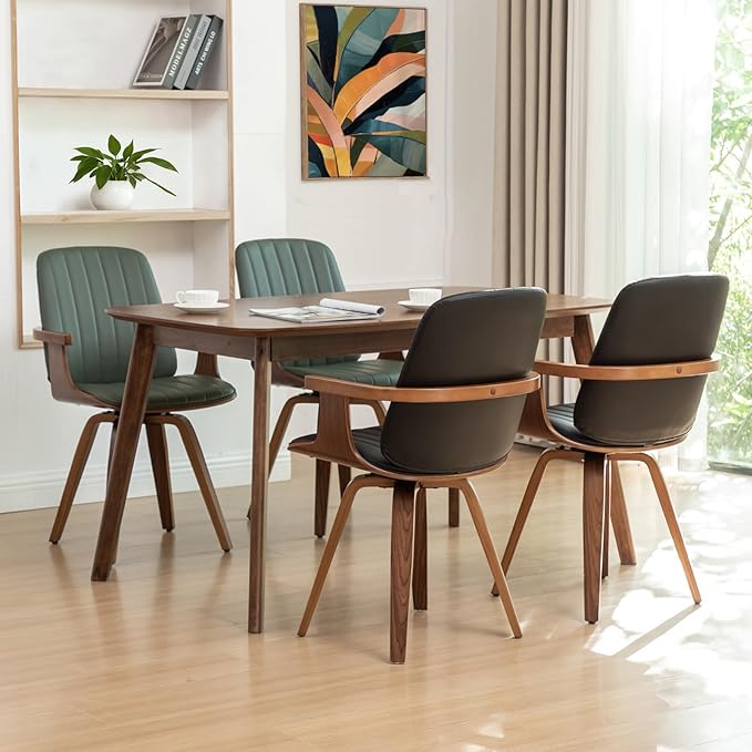 MCM Dining Chairs, Set of 2 Mid Century Modern Chairs with Walnut Craftsmanship, Upholstered Faux Leather, Wooden Arms and Legs, Faux Leather Dining Chairs for Kitchen/Living Room - Green