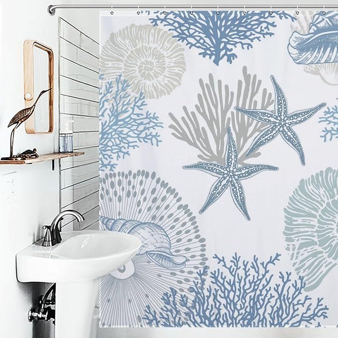 Nautical Coastal Shower Curtain,Summer Coral Starfish Seashell Blue Ocean Beach Shower Curtains for Bathroom Waterproof Polyester Fabric Bathroom Curtain with Hooks,72x78Inch