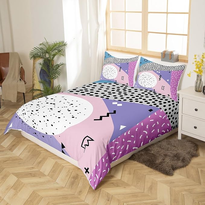 Manfei Memphis Duvet Cover Set Queen Size, Abstract Geometric Retro Bedding Set 3pcs for Kids Girls, 80s or 90s Fashion Style Comforter Cover Soft Polyester Quilt Cover with 2 Pillowcases,No Comforter