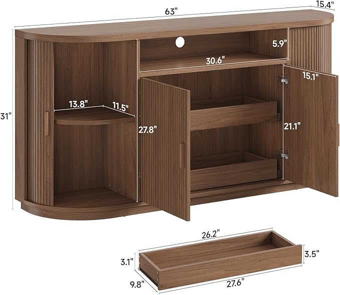 63" Sideboard Buffet Cabinet with Storage, Modern Fluted Accent Credenza with Sliding Doors, Drawers and Adjustable Shelves, Wood Coffee Bar Console Table for Kitchen, Living Room, Enrtyway (Walnut)