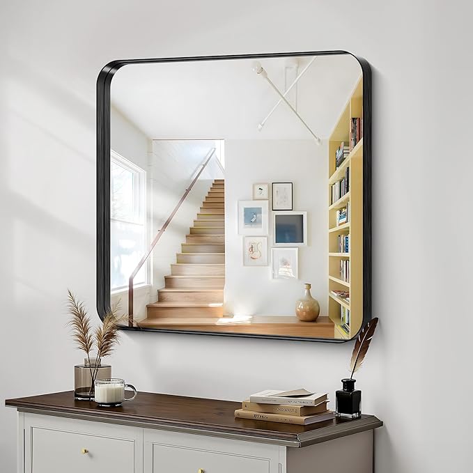 CIRCUMI Black Bathroom Mirror, 36"x36" Rectangular Mirror with Deep Metal Frame, Rounded Corner, Tempered Glass, Mirror for Wall, Oversink, Bedroom, Installed Vertically/Horizontally, Crystal-Clear