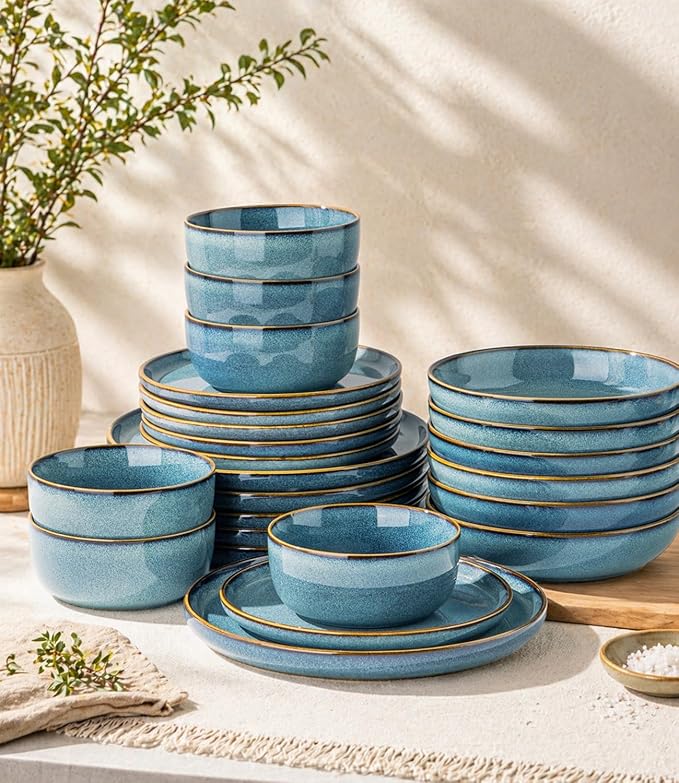 GBHOME Ceramic Dinnerware Sets for 4, 12 Pieces Stoneware Plates and Bowls Sets, Reactive Glaze Dishes -Scratch Resistant, Dishwasher&Microwave Safe, Space Blue