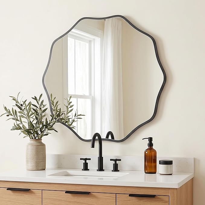 PERFNIQUE Black Scalloped Mirror, 24'' Round Wall Mirrors Wavy Wood Framed for Bathroom Nursery Bedroom Living Room Entryway, Decorative Modern Wall Decor