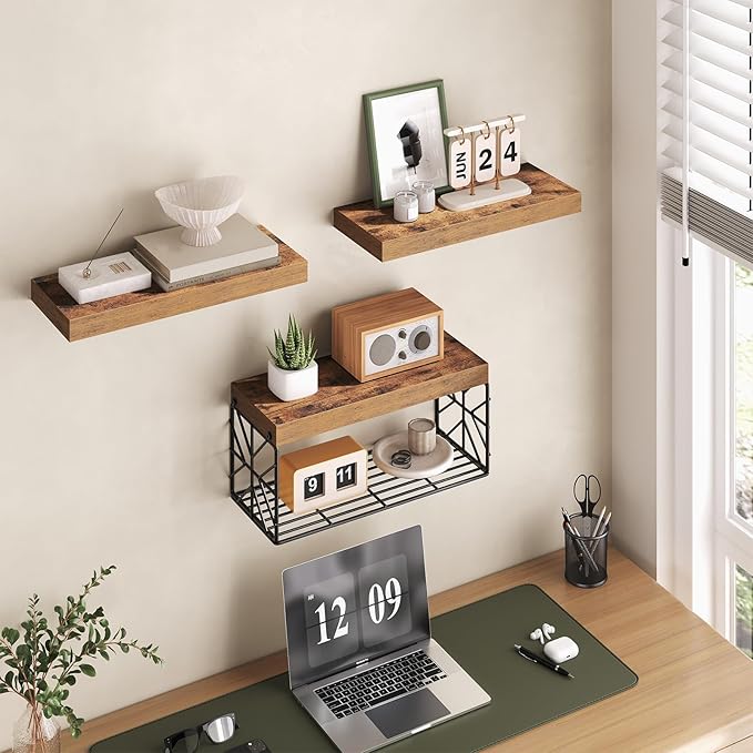 Bathroom Shelves Over Toilet Set of 3, Floating Shelves for Wall Toilet Paper Storage, 1.5" Thick Hanging Shelf, Farmhouse Wall Decor for Bathroom Living Room, Kitchen, Rustic Brown 4001BJBF