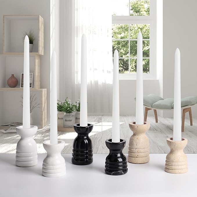 WORHE Candle Holders Italy True Natural Travertine Stone Set of 2 Premium Marble Candlestick Holder for Wedding Dinning Party Candle Stand for Dia 3/4" Taper Pillar Candles Color Beige (CH6065YL)