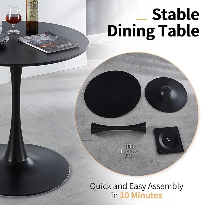 31.5 Inch Black Round Dining Table,Mid-Century Modern Black Tulip Table Kitchen Dining Table with MDF Table Top and Pedestal Base for Home Kitchen 2-4 Person