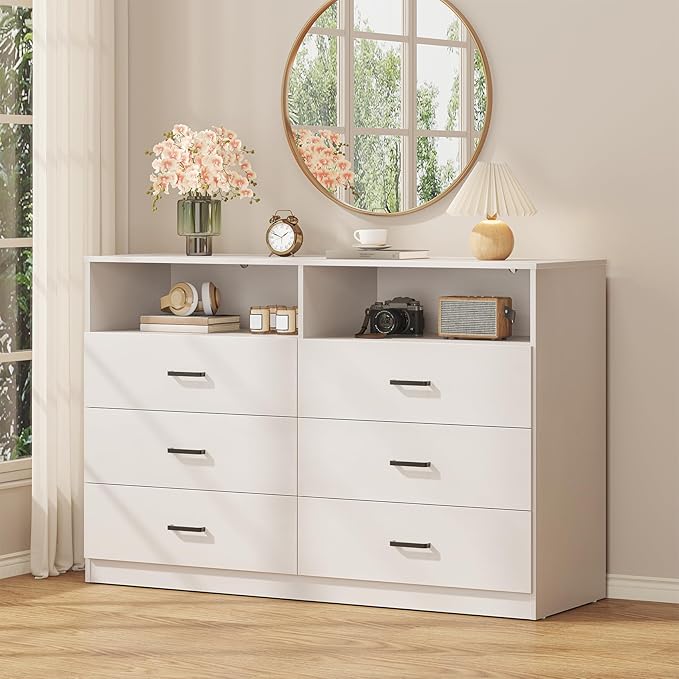 Bigbiglife 6 Drawers Dresser for Bedroom with Open Storage Cubby, Double Wide Dresser Organizer for Bedroom, Living Room, Entryway, Hallway (White)