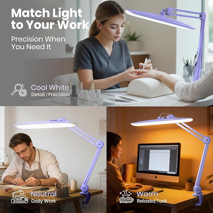 Neatfi XL Nail Desk Lamp with Clamp, 2200 Lumens, 20-Inch Wide Head, Dimmable 4 Levels, 3 Color Modes 3000K–6000K, LED Task Light for Manicure Table, Crafts, Workbench, Office (CCT, Lavender)