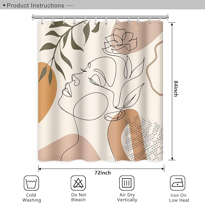 Abstract Woman Face Bathroom Shower Curtain - Mid Century Boho Modern Geometric With Hooks, Polyester Waterproof Fabric, Minimalist Art Line Aesthetic, 72x84 Inch