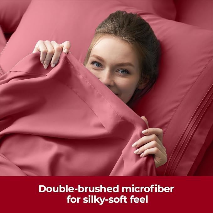 Mellanni Extra Deep Split King Sheets - 5 PC Iconic Collection Bedding - Hotel Luxury, Ultra Soft, Cooling Bed Sheets - Wrinkle, Fade, Stain Resistant (Split King, Brick Red)