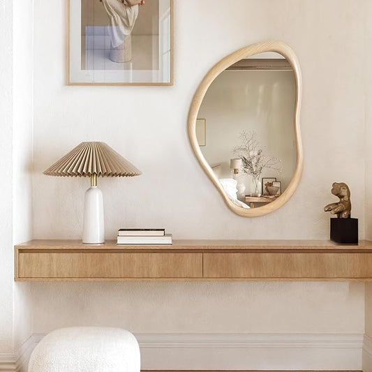 35"x24" Wood Wall Mirror, Rustic Asymmetrical Bathroom Mirror with Wood Frame, Farmhouse Vanity Mirror for Living Room, Bedroom, Entryway, Shatterproof, Vertical/Horizontal, Solid
