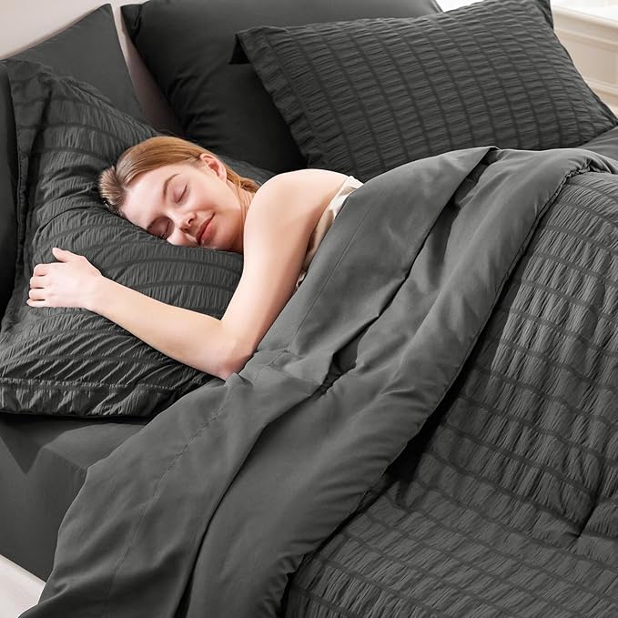 CozyLux Oversized Queen Comforter Set with Sheets, 7 Pieces 98"x98" Dark Grey Seersucker Bed in a Bag, Dark Gray Bedding Sets with Down Alternative Comforter, Sheets, Pillowcases & Shams, Home Gift