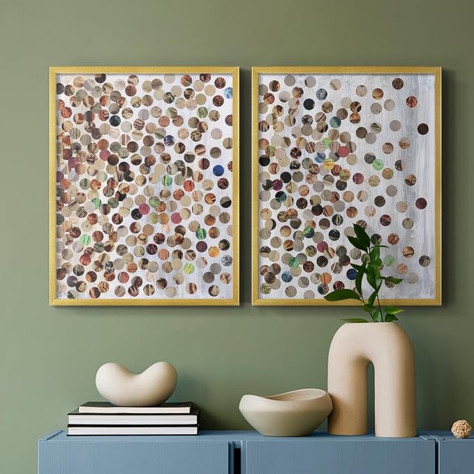Renditions Gallery Set of 2 Peel & Stick Framed Prints, Textured Abstract Wall Art, Scattered Circular Cutouts Wall Decor, Re-Stickable - Ready to Hang - 11"x14" - GOLD Frame LT588