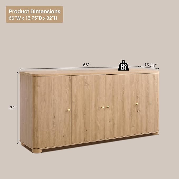 Curved Buffet Cabinet with Doors, 66" Large Sideboard Buffet Storage Cabinet with 4 Doors and Shleves, Modern Coffee Bar Station Wood Kitchen Table for Kitchen, Dining Room, Natural