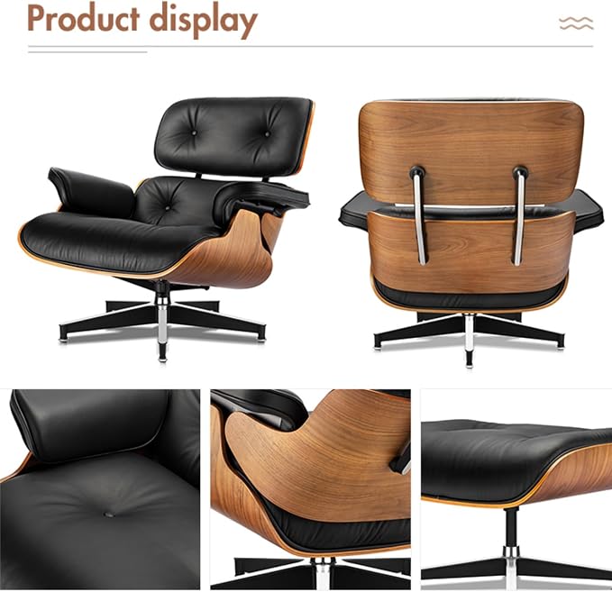 Mid Century Chaise Lounge Chair with Ottoman, Top Black Grain Leather, Modern Office Chair Classic Design, Heavy Duty Base Support for Living Room Study Lounge Office
