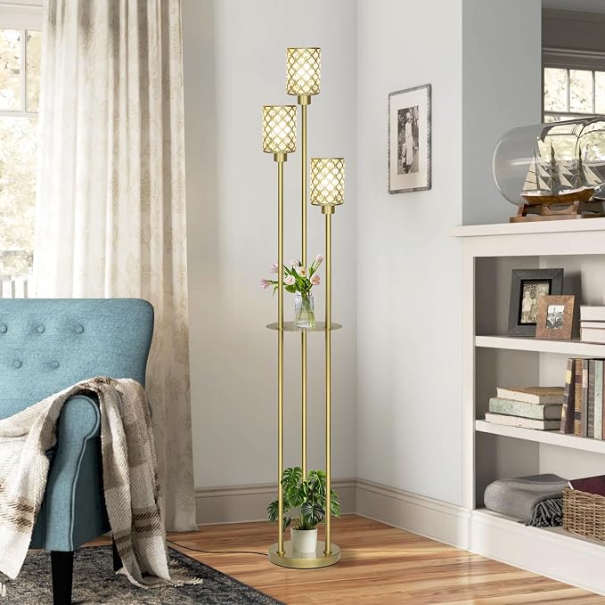 Gold Floor Lamps for Living Room, Standing Floor Lamp with shelves, Tall Lamp with Table, Modern Mid Century Floor Lamp with E26 Base, Coner Crystal Floor Light for Bedroom (Without Bulb) (Gold)