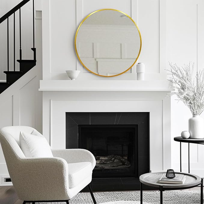 Gold Circle Mirror 30 inch, Round Gold Mirror, Round Wall Mirrors Metal Frame, Circle Wall Mirrors for Bathroom, Living Room, Hallway, Vanity, Over Sink