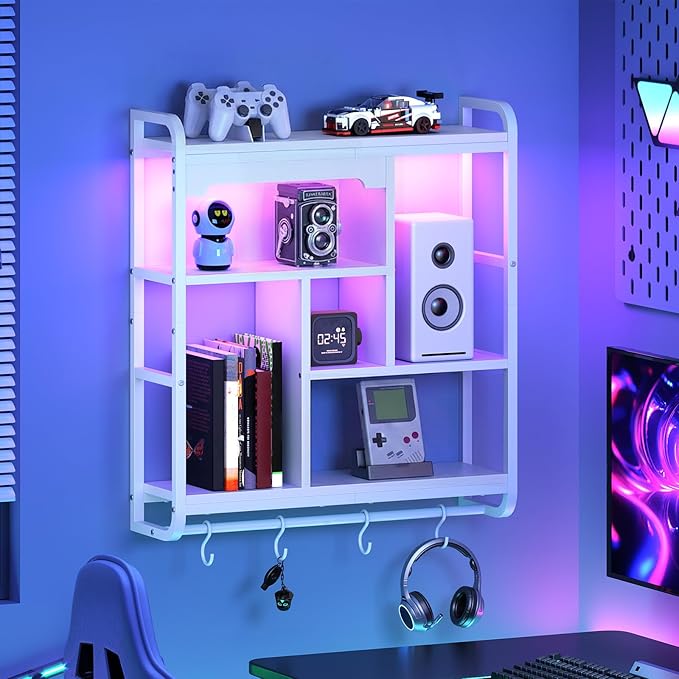 HOOBRO Gaming Floating Shelves with LED Lights, 26.4" LED Wall Mounted Shelf, Modern Corner Shelf 3-Tier Display Rack for Wall Storage, Arched Design, for Kitchen, Living Room, Study, White WT44DBJ01