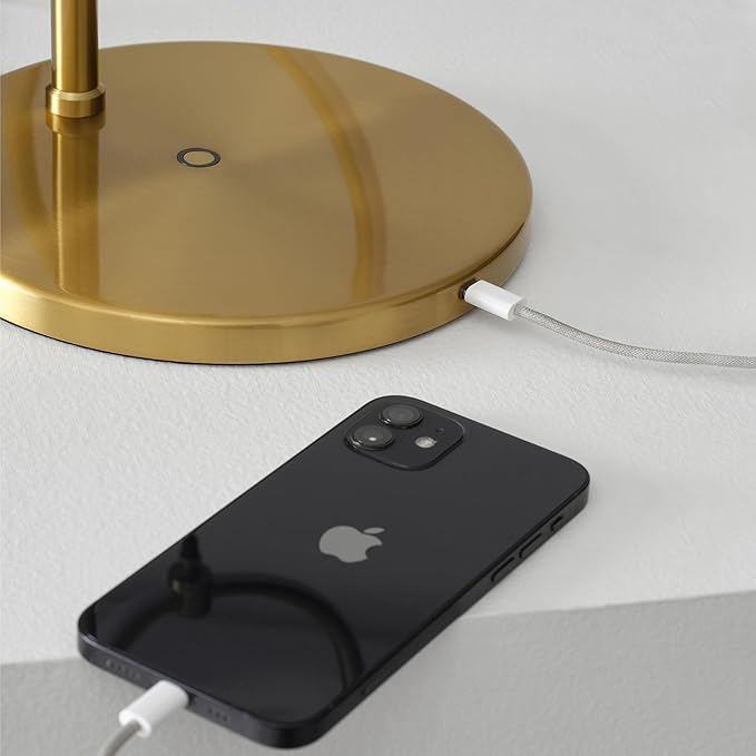 Brightech Nova Modern Table Lamp - Contemporary Arc Desk Lamp with 2-Circle Ring-Style Pendant - Alexa Compatible Nightstand Beside The Couch Lamp with Arching Pole Matches Living Room Décor - Brass