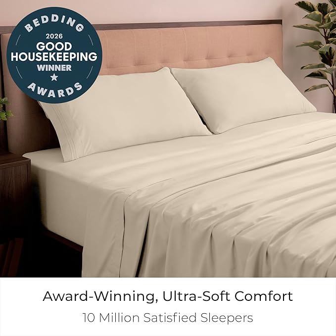 Mellanni King Sheets Set - 4 PC Iconic Collection Bedding - Hotel Luxury, Extra Soft, Cooling Bed Sheets - Wrinkle, Fade, Stain Resistant (King, Beige)