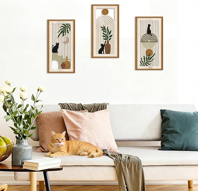 Ausril 3Pcs Boho Black Cat Wall Decor,Boho Cats Wall Art,Mid Century Modern Decor Black Kitty,Abstract Geometric Cats Artwork,Minimalist Botanical Bohemian Cat Wood Art for Home Bedroom Living Room