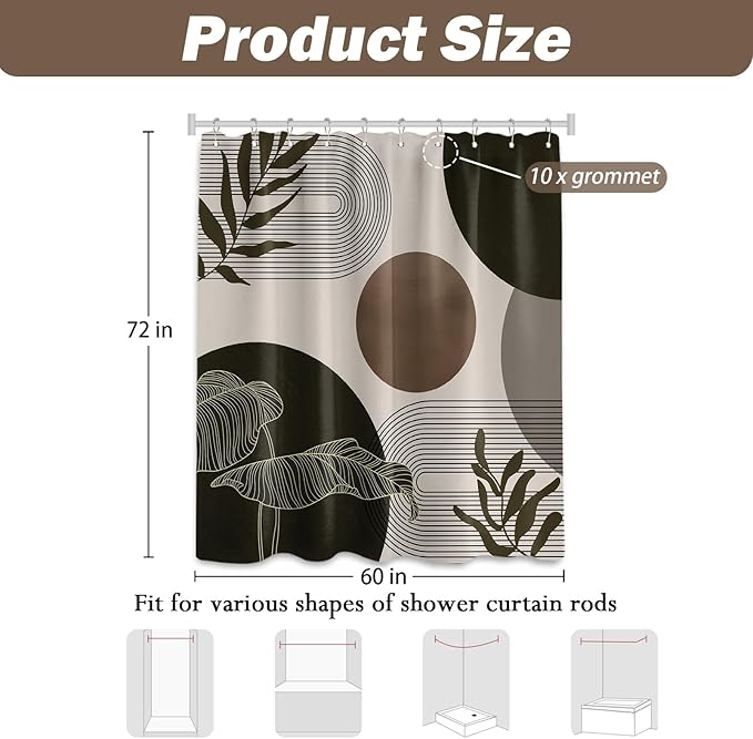 Brown and Beige Shower Curtain Light Brown Tan Taupe Boho Mid Century Modern Shower Curtains for Bathroom Decor MCM Mens Cool Bath Curtain Set, Waterproof Fabric with Hooks 60 x 72 Inch