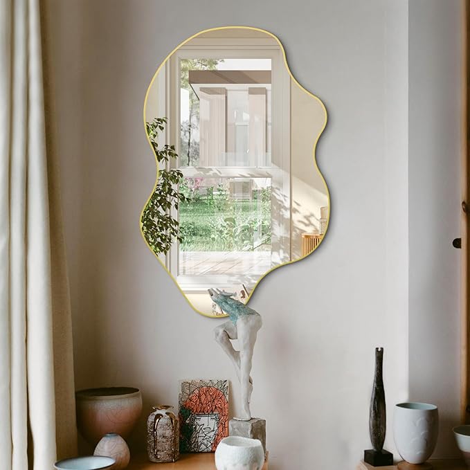 Gold Irregular Mirror, 31.5"x23.6" Asymmetrical Wall Mirrors, Unique Shaped Mirror Decorative, Modern Frameless Abstract Mirrors for Living Room Bathroom Bedroom Hallway Entryway Fireplace