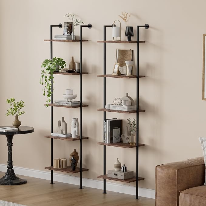 Acovy 5-Tier Bookshelf - Solid Wood Narrow Ladder Shelf Set of 2, Wall Mount Bookcase for Living Room, Bedroom - Industrial Style, Dark Brown