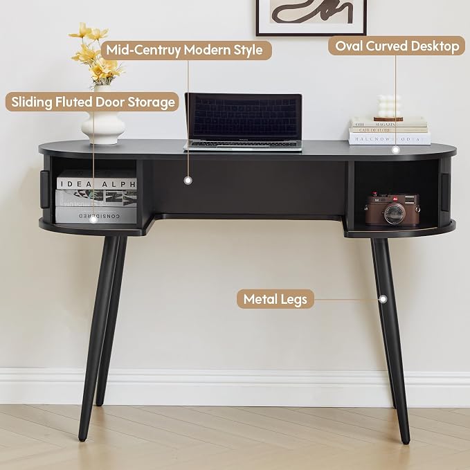 43" Mid-Century Writing Desk with Storage, Mid-Century Modern Home Office Wood Writing Desk for Bedroom, Small Table Compact Workstation for Living Room, Study (Black)