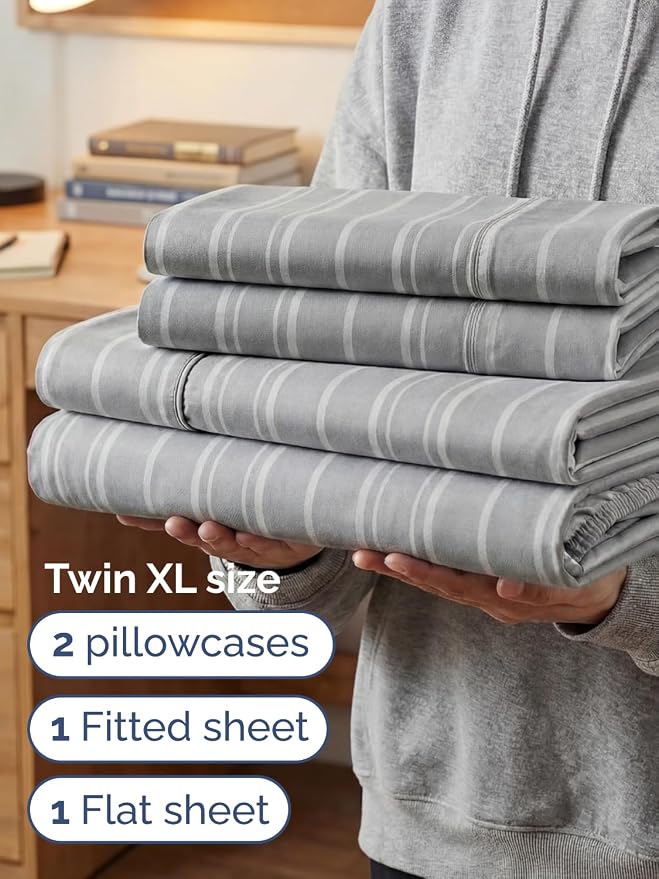 Extra Deep Twin XL Sheet Set - 4 Piece College Dorm Bed Sheets Set with Extra Deep Pockets - Ultra-Soft, Comfy & Breathable Bedding for Women, Men, Kids & Teens - Wrinkle & Fade Free - Grey Stripes 3