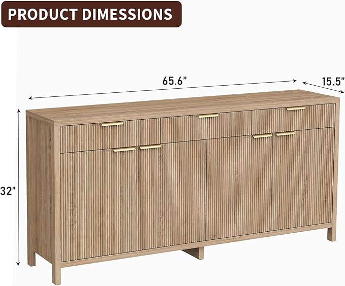 66" W Fluted Buffet Cabinet, Sideboard Storage Cabinet with 3 Drawers & 2 Cabinets, Mid-Century Coffee Bar Table for Living Room, Dinning Room, Natural