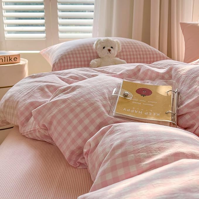 mixinni Light Pink Gingham Duvet Cover Set Queen Size - 100% Washed Cotton 3 Piece Plaid Checkered Bedding Set, Soft Comfy Grid Farmhouse Comforter Cover with Zipper Closure & Corner Ties