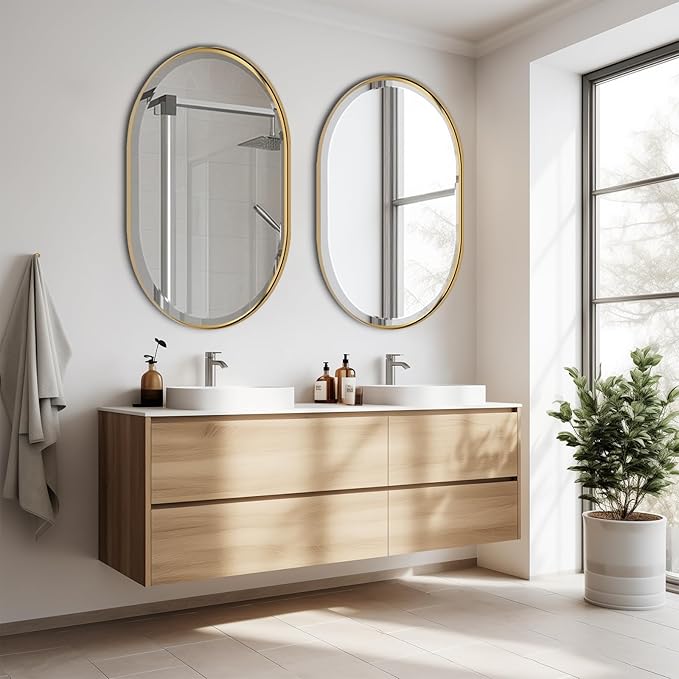 POZINO Oval Mirror Over Sink, Brushed Gold Beveled Mirror, 24"x36" Bathroom Vanity Mirrors with Stainless Steel Frame, Brass Oblong Wall Mirrors for Bedroom Living Room, Hangs Horizontal Or Vertical