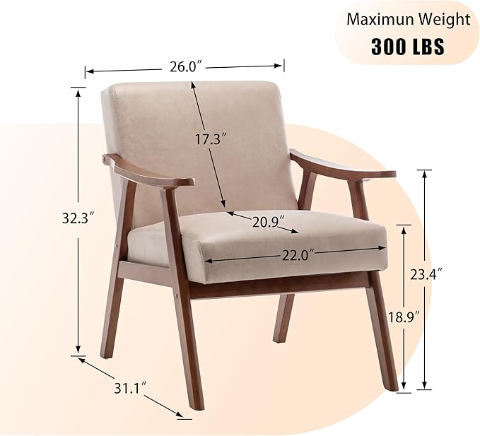 Furnimart Accent Chairs Set of 2, Mid-Century Modern Chair Reading Chairs with Extra-Thick Backrest, Wooden Armchairs for Living Room, Bedroom, Waiting Room, Beige Fabric