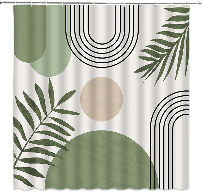 Mid Century Modern Shower Curtain Boho Sage Green Abstract Retro Aesthetic Fabric for Bathroom Decor Bathtub with Hooks (70" WX78 H)