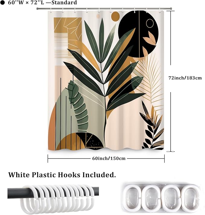 Boho Shower Curtain Mid Century Style Plant Leaves Bathroom Curtain Modern Abstract Graphic Waterproof Fabric Decor Shower Curtain with Hooks 60x72 Inch