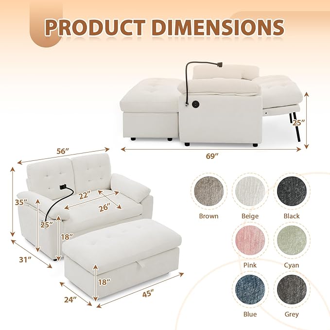 Oversized Chaise Lounge Chair Indoor, Double Convertible Recliner Reading Arm Sofa Chair W/Adjustable Backrest & Charging Port Couch Bed for Living Room, Home Theater & Bedroom, Beige