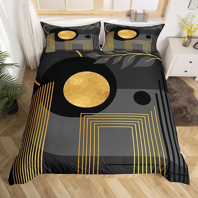 Erosebridal Gray Black Abstract Boho Queen Comforter Cover Mid Century Modern Duvet Cover Minimalist Aesthetic Neutral Bed Set Botanical Leaves Simple Bedding Set