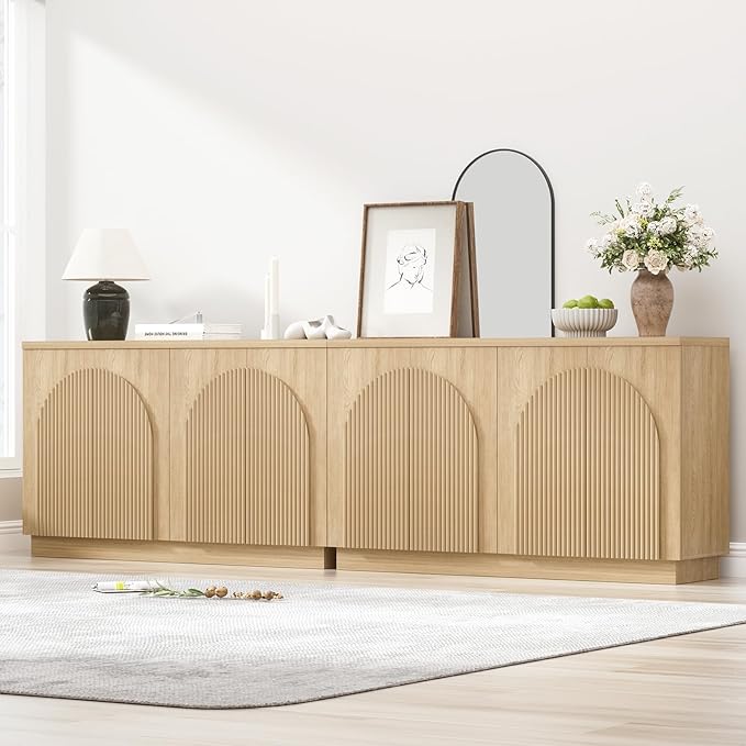 Yechen Accent Fluted Sideboard Buffet Cabinet with Arched Reeded Design Doors, Mid Century Modern Credenza Storage Cabinet with 2 Adjustable Shelves, Media Console Table, For Living Room Dinning(2PCS)