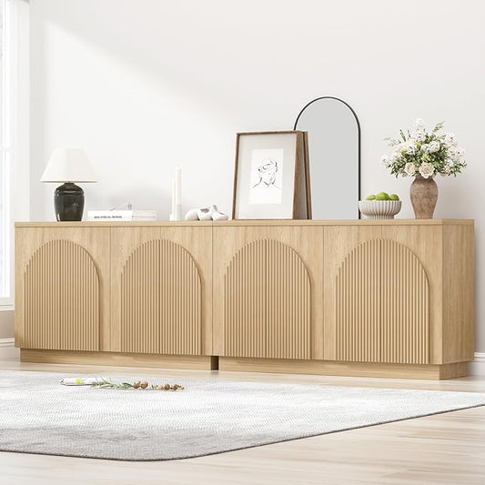 Yechen Accent Fluted Sideboard Buffet Cabinet with Arched Reeded Design Doors, Mid Century Modern Credenza Storage Cabinet with 2 Adjustable Shelves, Media Console Table, For Living Room Dinning(2PCS)