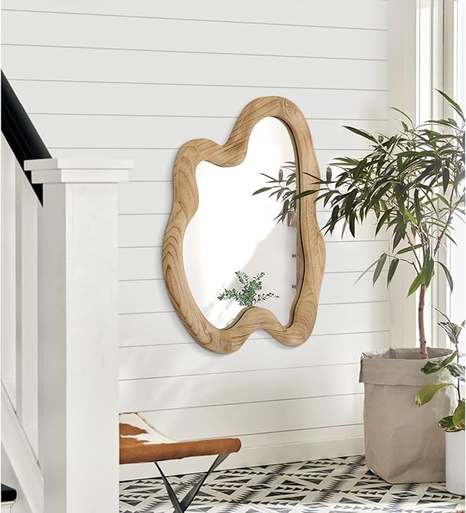 AAZZKANG Asymmetrical Wooden Wall Mirror, Rustic Irregular Wall Mount Mirror 28"x20" Vanity Mirror for Bathroom, Bedroom, Living Room, Hallway